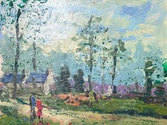 Figures de paysage à l'huile impressionniste française marchant dans un ciel bleu, jour d'été