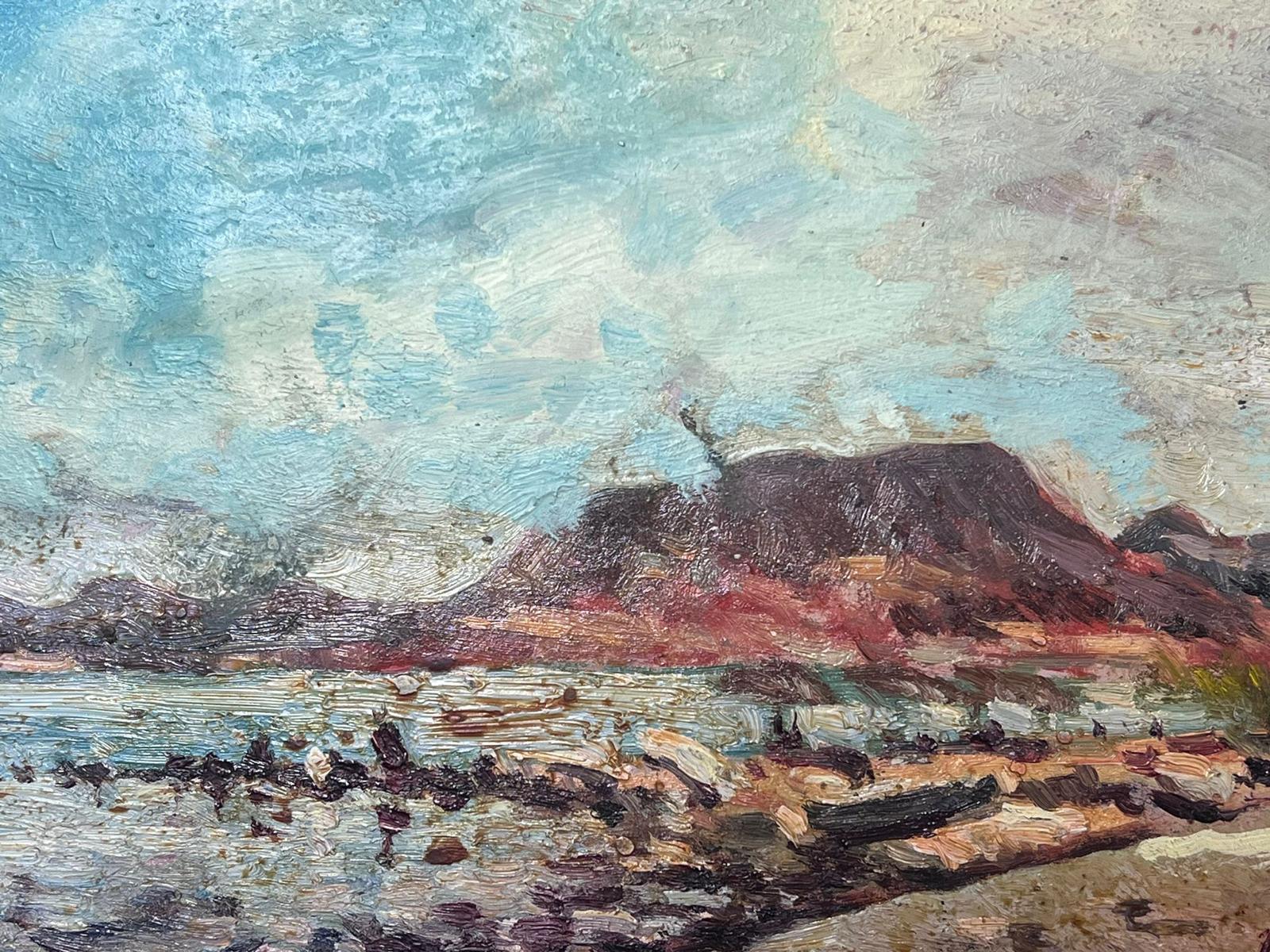 Paysage impressionniste français, Cliffs roses avec jupes bleues - Impressionnisme Painting par Maurice Mazeilie