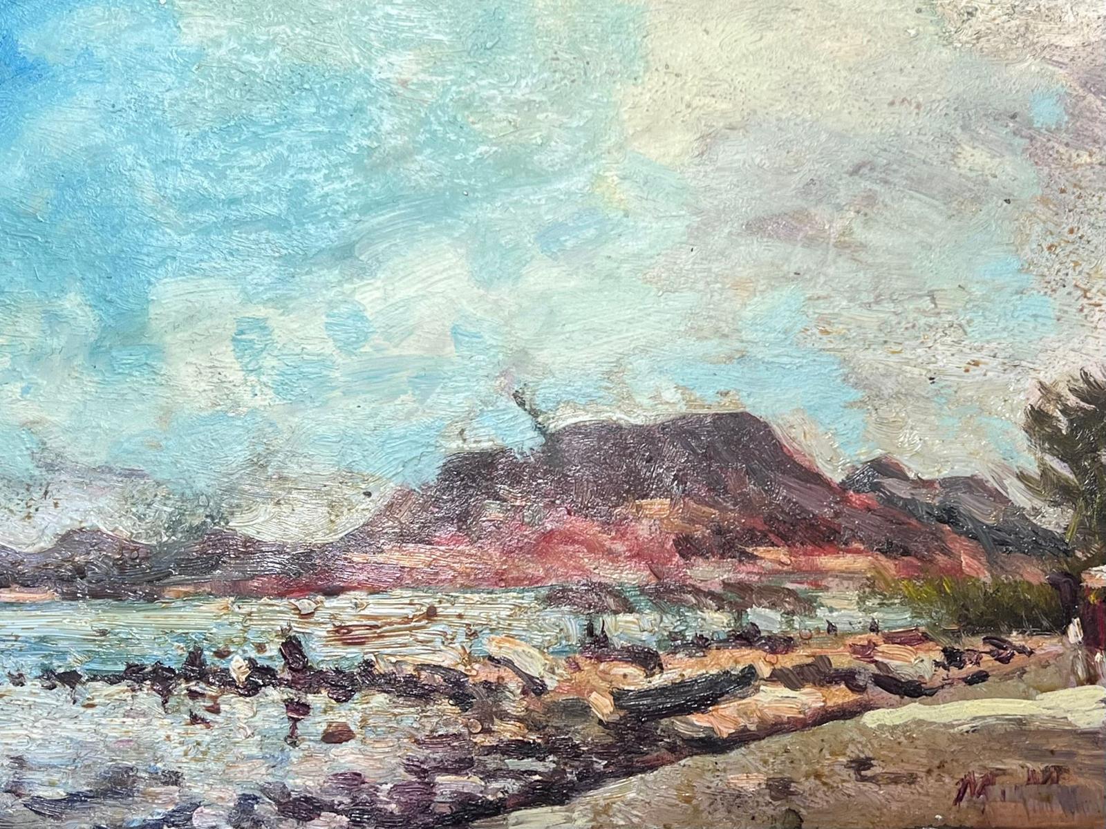 French Impressionist Oil Landscape Pink Cliffs With Blue Skies