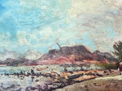 Französischer Impressionist Öl Landschaft Rosa Klippen mit blauem Himmel
