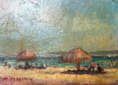 French Impressionist Oil Landscape Straw Beach Shades At The Beach