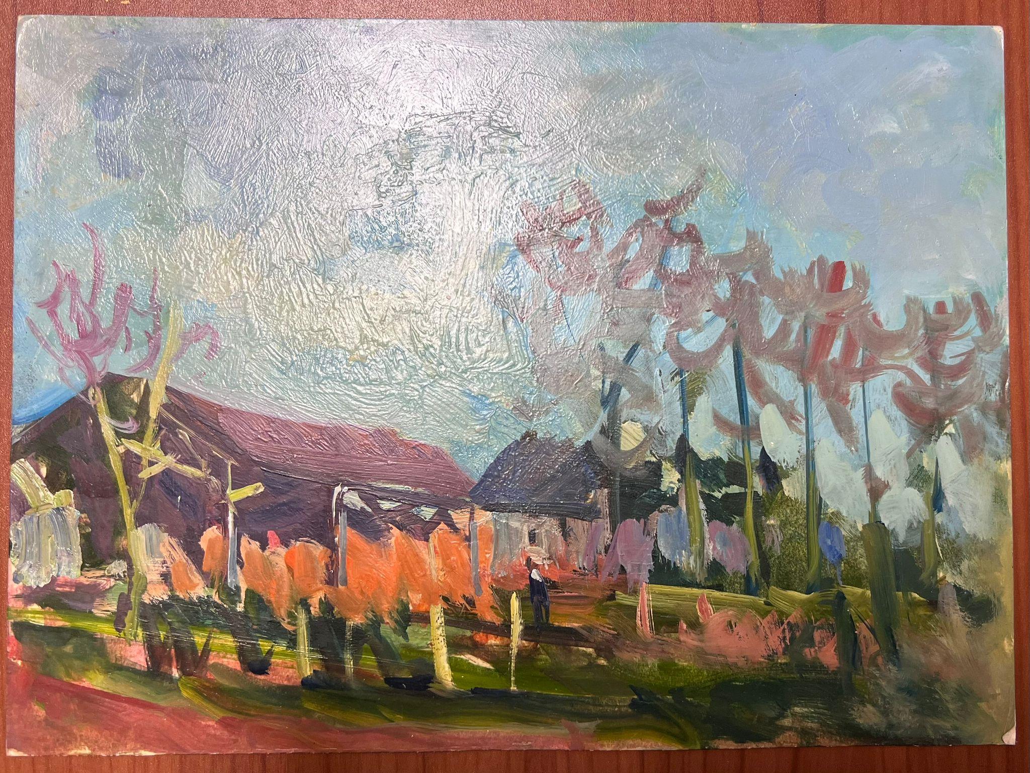 Französischer Impressionist Öl Landschaft Sommer Yard – Painting von Maurice Mazeilie