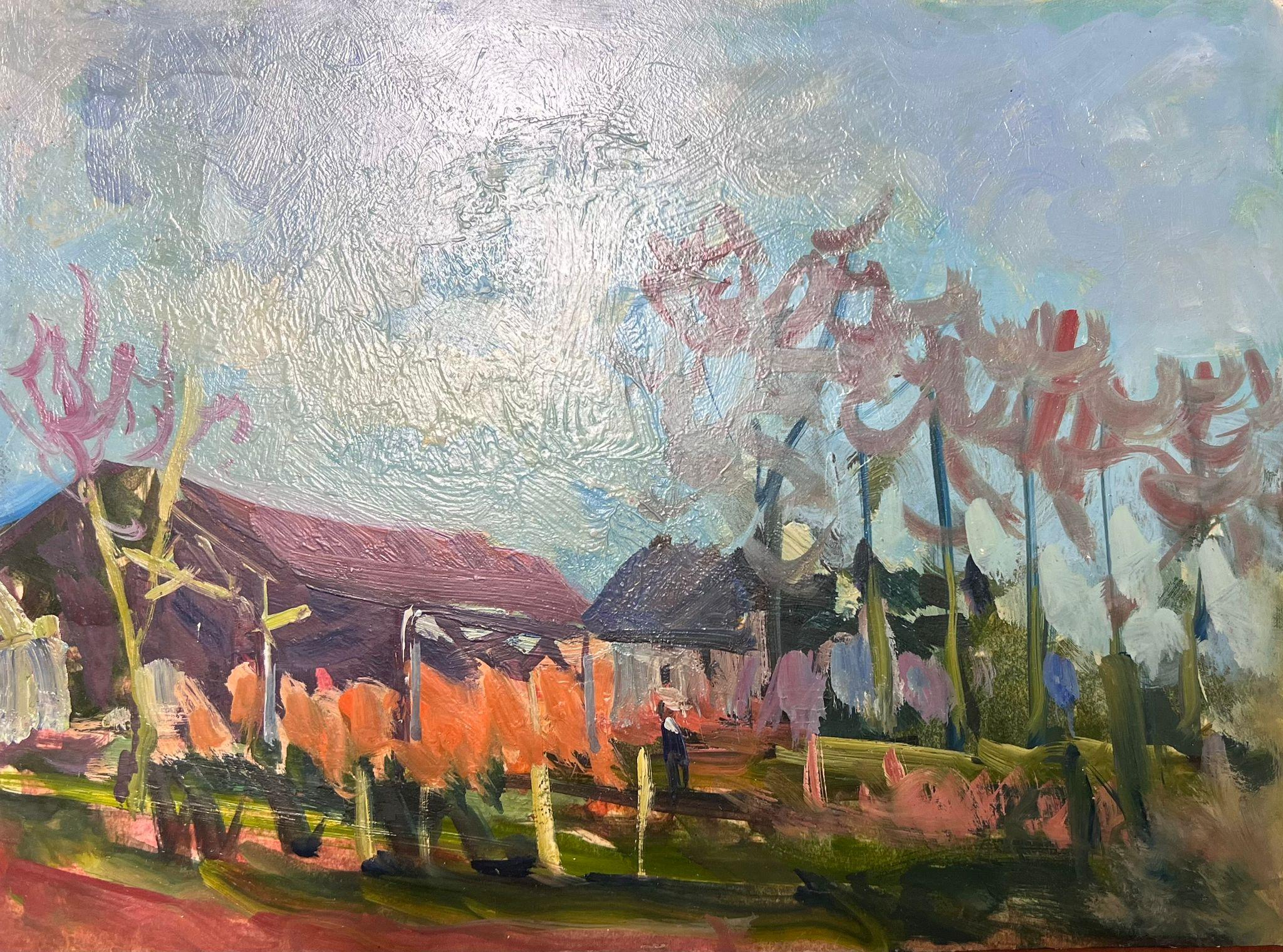 Maurice Mazeilie Landscape Painting – Französischer Impressionist Öl Landschaft Sommer Yard