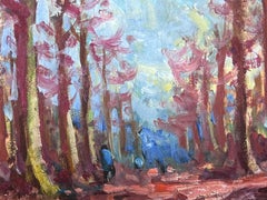 French Impressionist Oil Landscape Tall Purple Tree Woodland Path