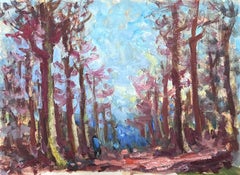 Paysage à l'huile impressionniste français, grand arbre violet, chemin de bois