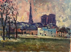French Impressionist Oil Parisian Landscape Of The Notre Damme, Eiffel Tower