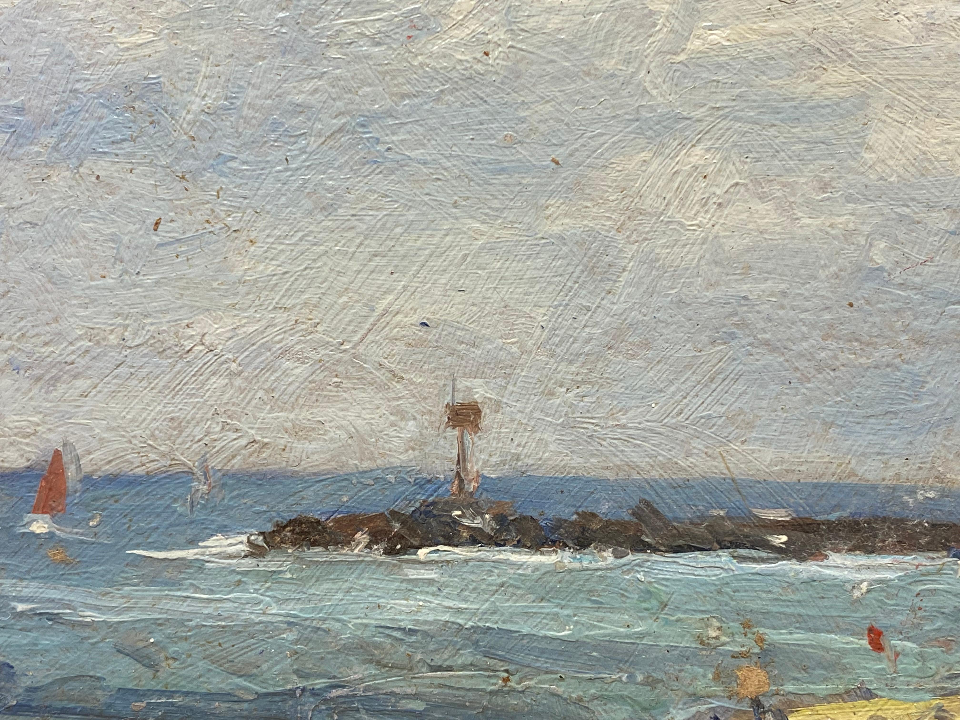 französisches impressionistisches LANDSCAPE aus geprägter OIL – GRÖSSE & BLAUES SKY BEACH-LANDSCAPE (Grau), Figurative Painting, von Maurice Mazeilie
