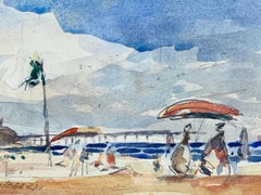 FRENCH IMPRESSIONIST SIGNED WATERCOLOUR - BRIGHT BLUE SKIES OVER THE BEACH