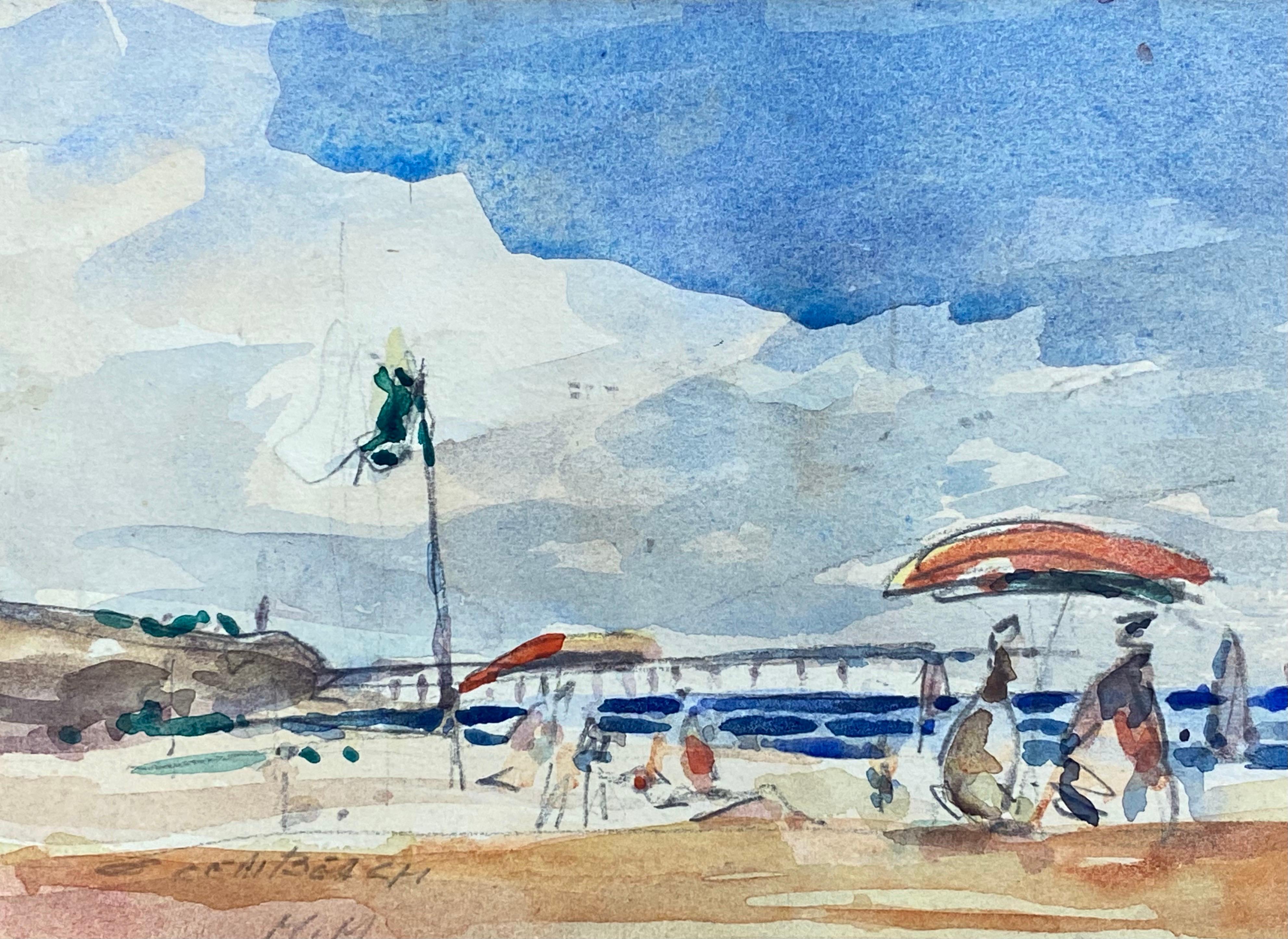 Maurice Mazeilie Landscape Painting - FRENCH IMPRESSIONIST SIGNED WATERCOLOUR - BRIGHT BLUE SKIES OVER THE BEACH