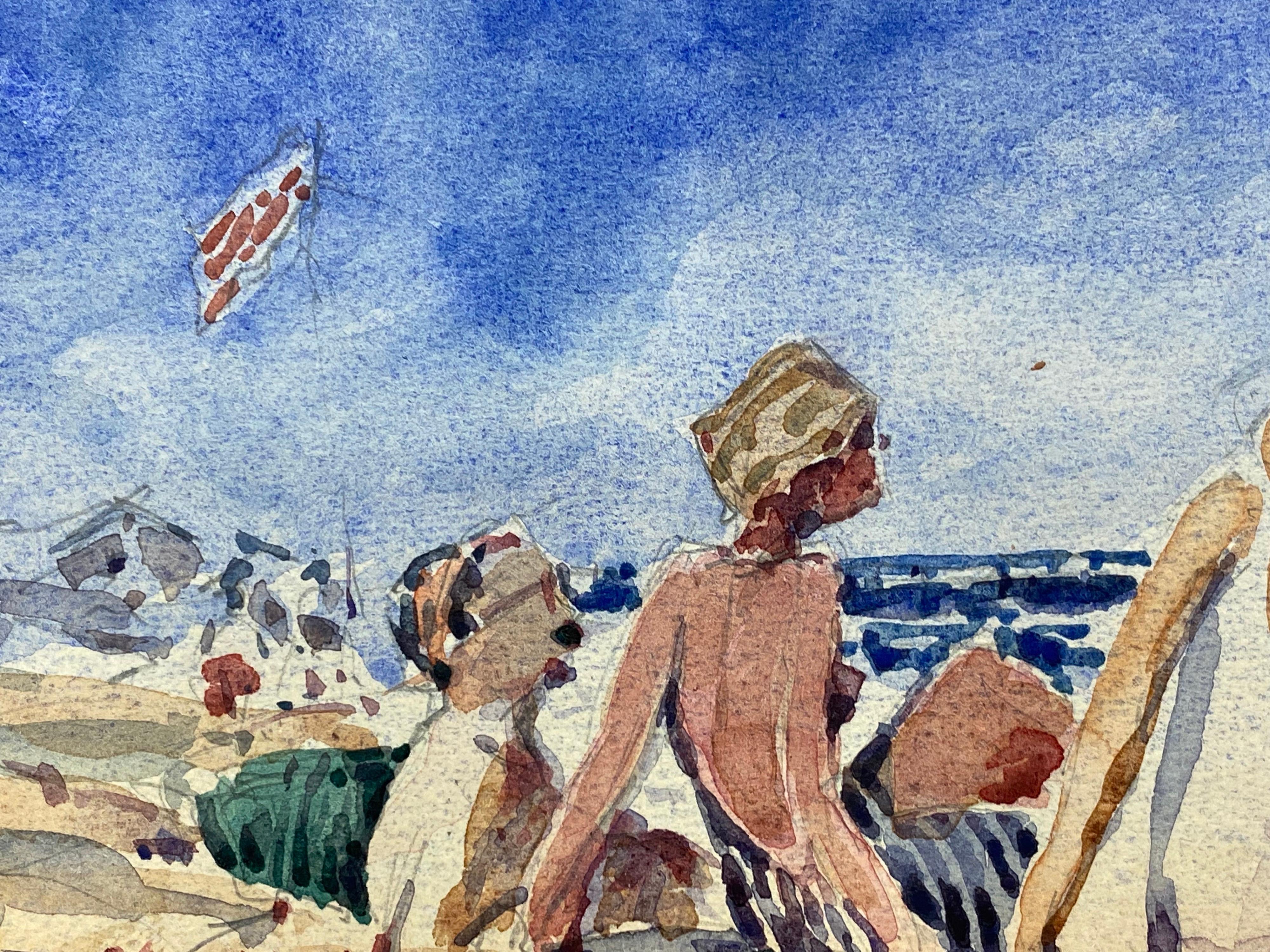 FRENCH IMPRESSIONIST SIGNED WATERCOLOUR - FAMILY ON THE BEACH - Painting by Maurice Mazeilie