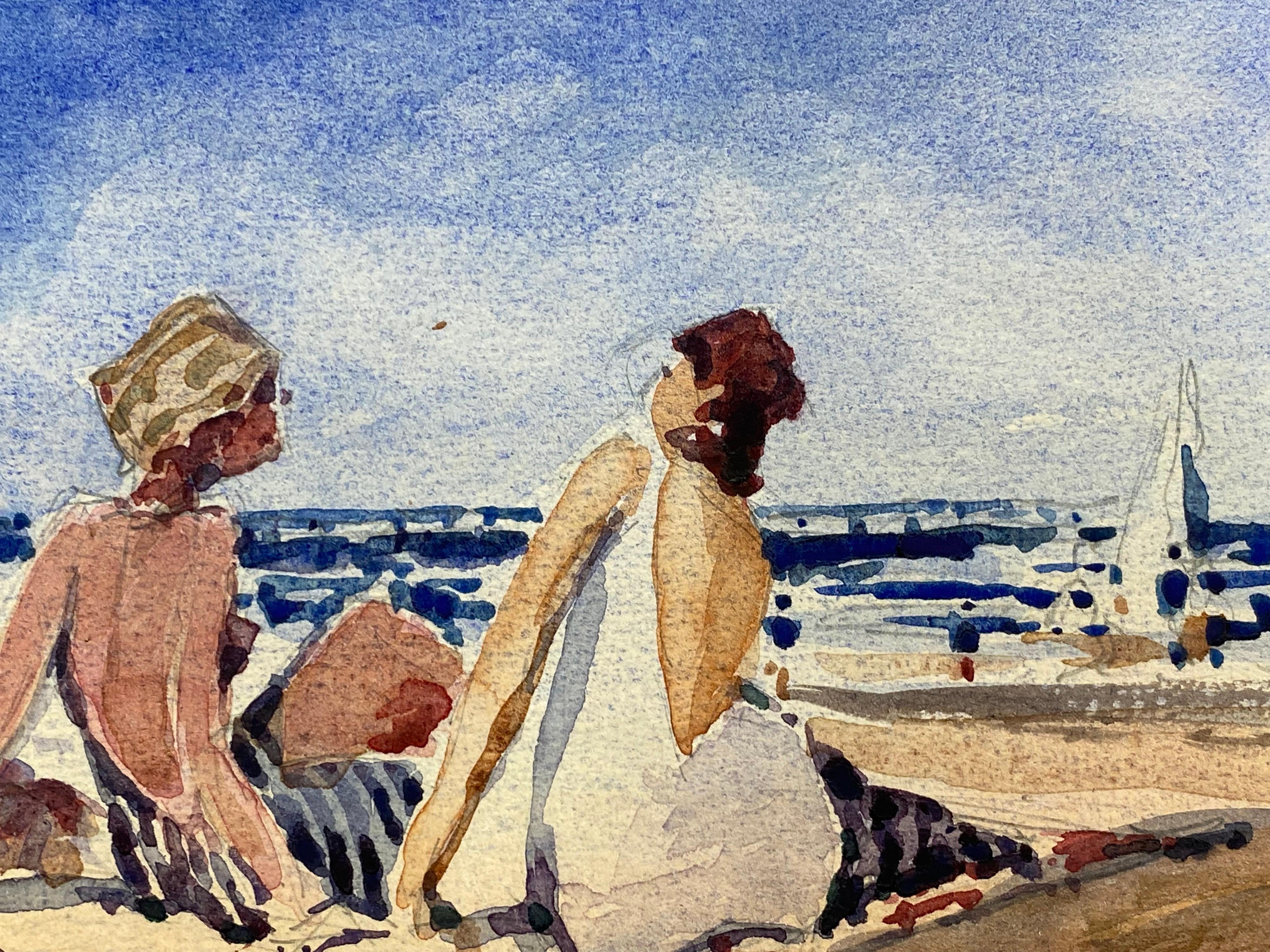 FRENCH IMPRESSIONIST SIGNED WATERCOLOUR - FAMILY ON THE BEACH - Impressionist Painting by Maurice Mazeilie