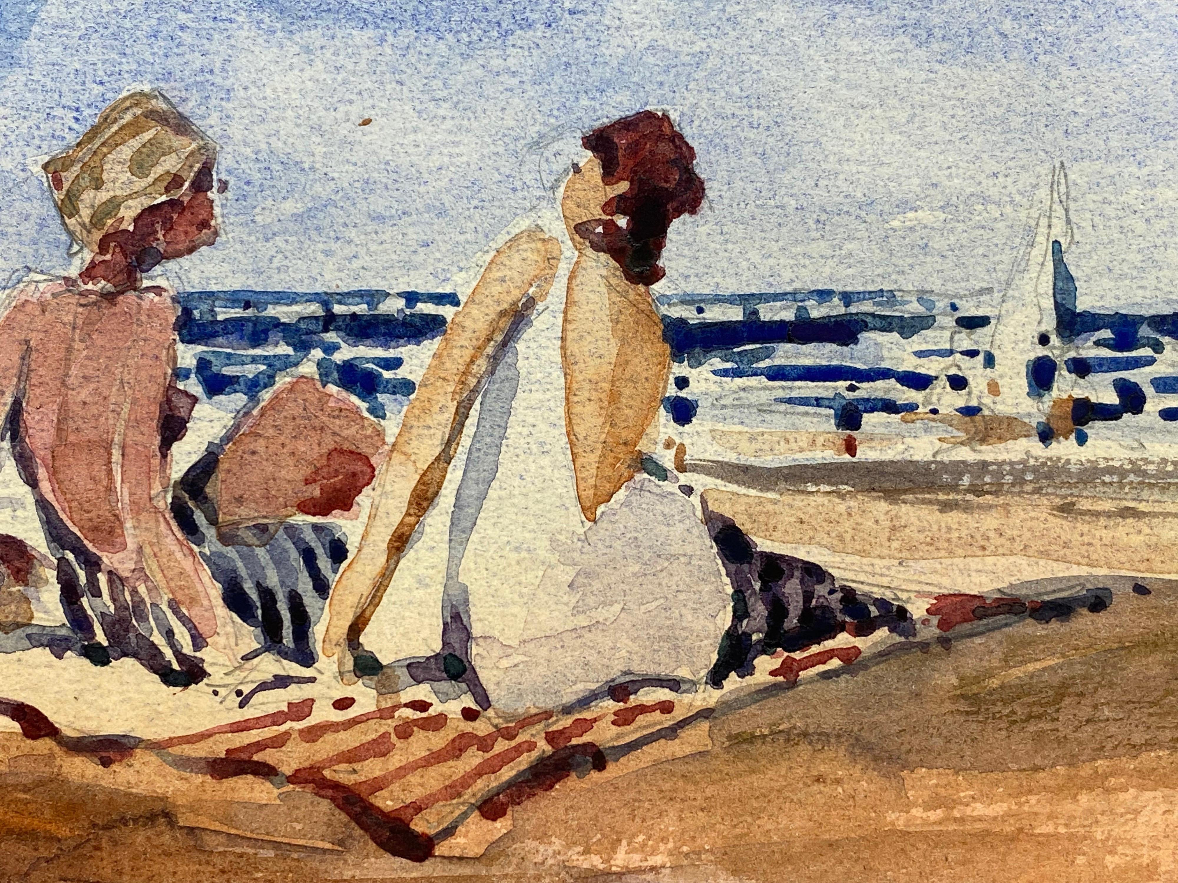 FRENCH IMPRESSIONIST SIGNED WATERCOLOUR - FAMILY ON THE BEACH - Gray Figurative Painting by Maurice Mazeilie