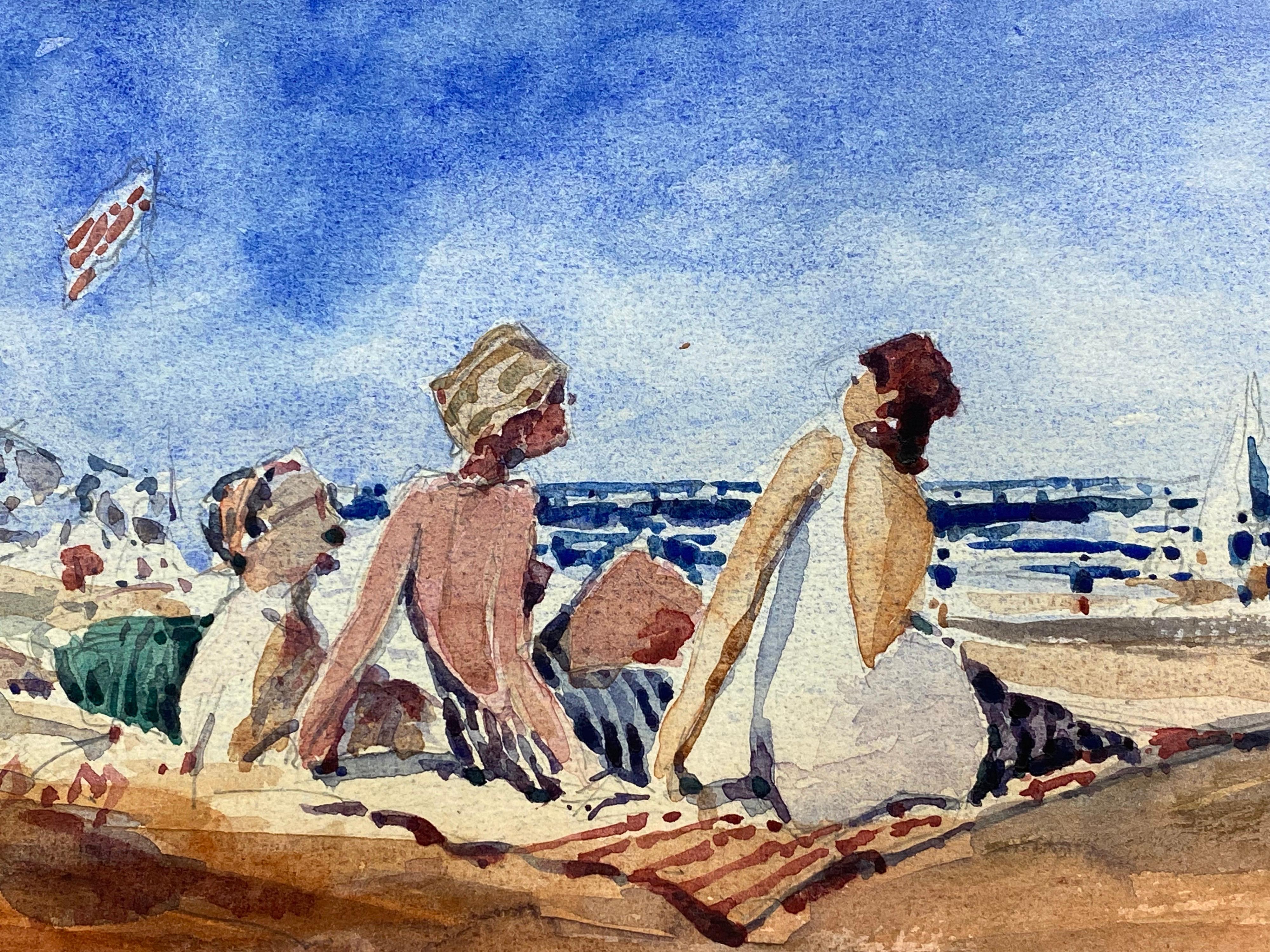 Maurice Mazeilie Figurative Painting - FRENCH IMPRESSIONIST SIGNED WATERCOLOUR - FAMILY ON THE BEACH