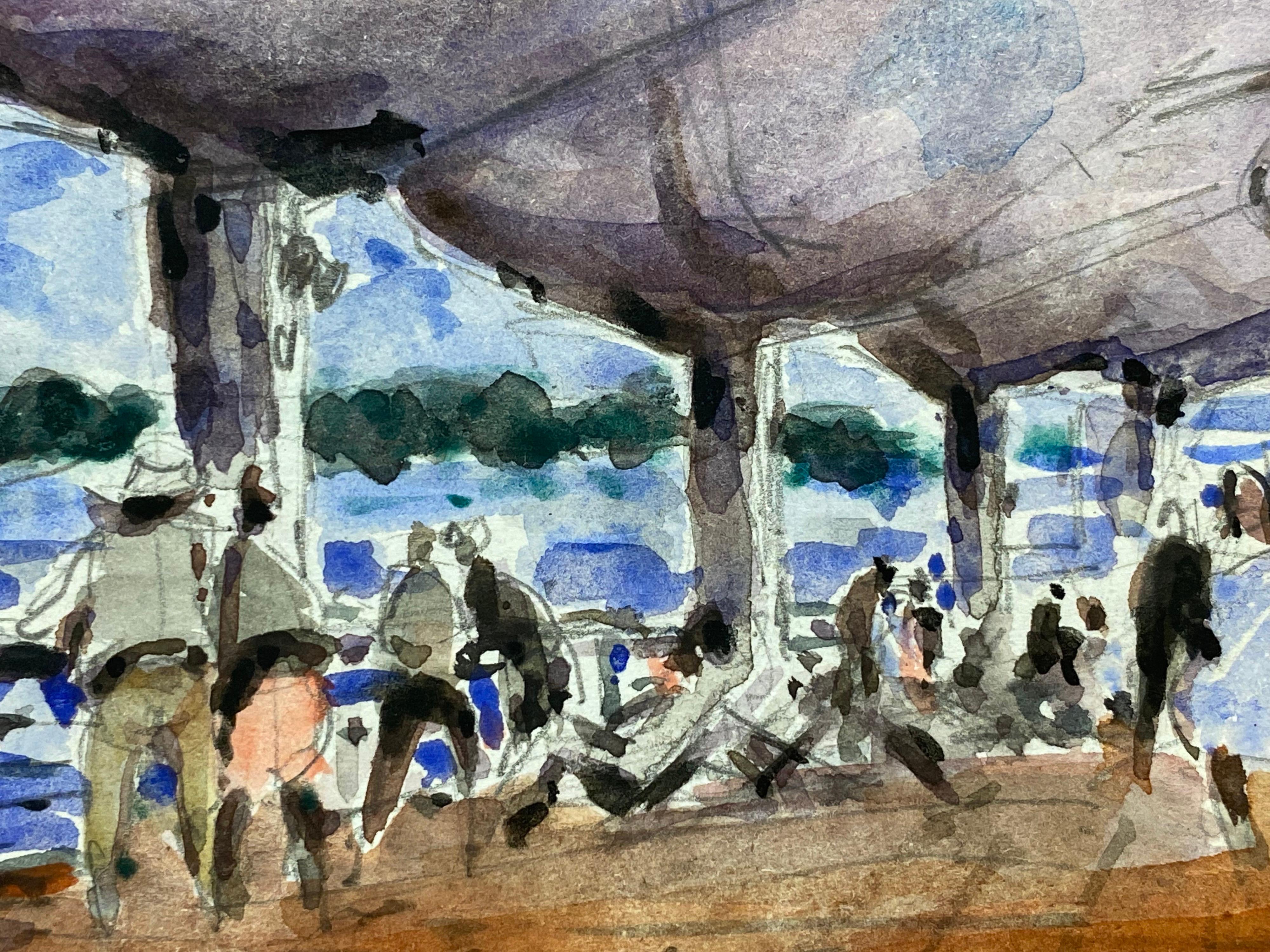 FRENCH IMPRESSIONIST SIGNED WATERCOLOUR - FIGURES AT A BUSY BEACH BAR  - Gray Landscape Painting by Maurice Mazeilie