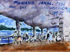 FRENCH IMPRESSIONIST SIGNED WATERCOLOUR - FIGURES AT A BUSY BEACH BAR 