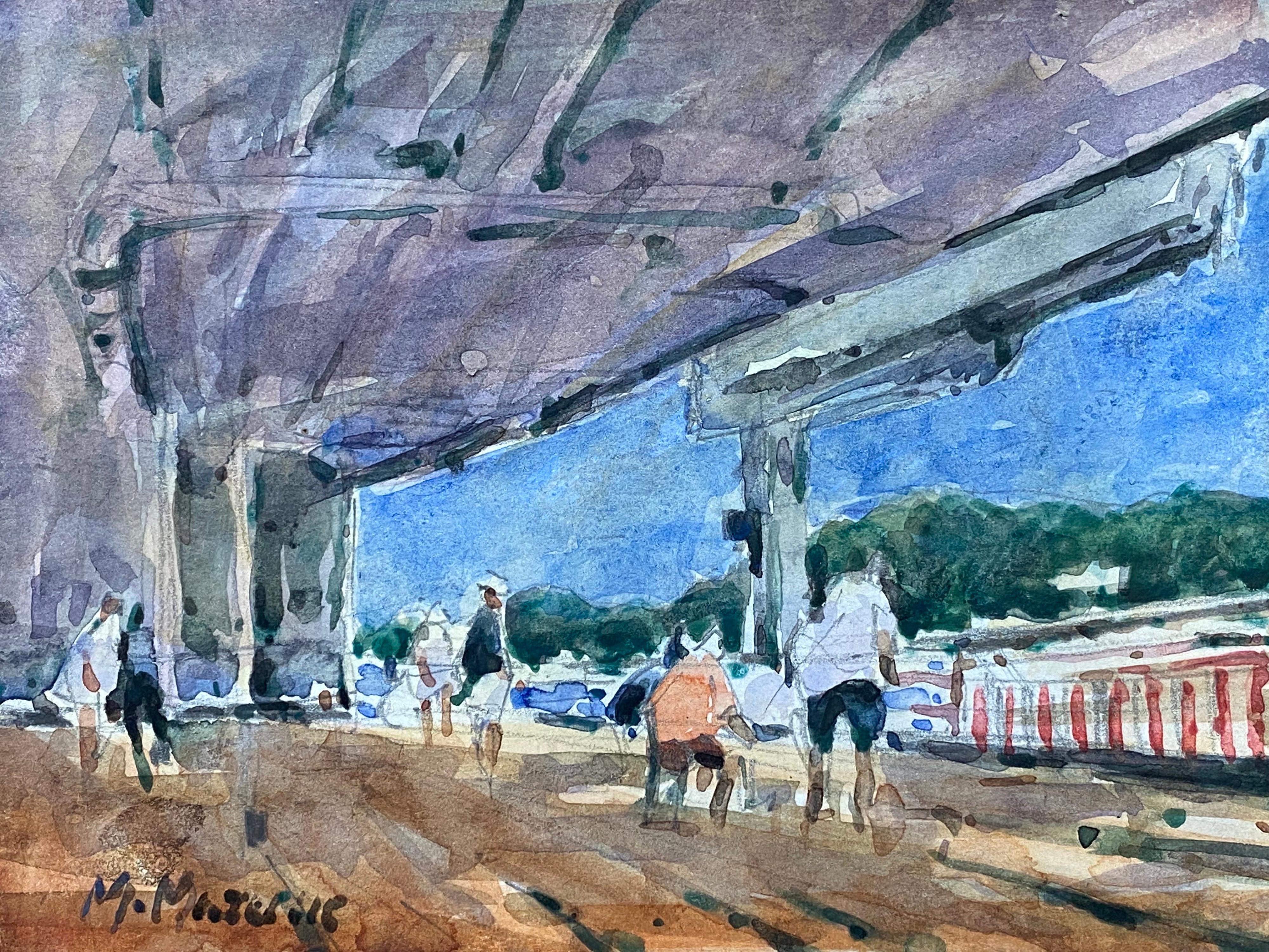 Maurice Mazeilie Landscape Painting - FRENCH IMPRESSIONIST SIGNED WATERCOLOUR - FIGURES AT THE PIER