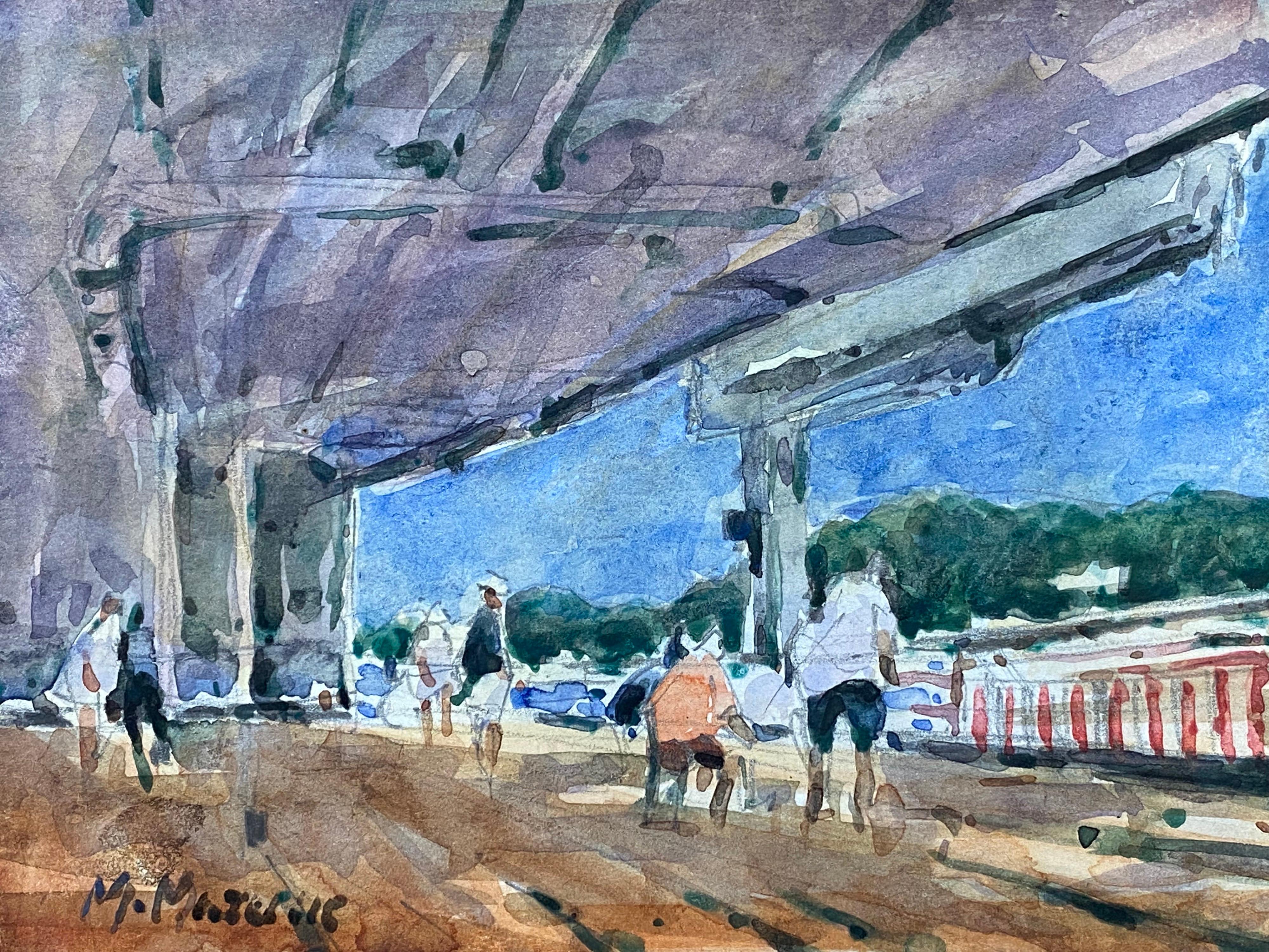 FRENCH IMPRESSIONIST SIGNED WATERCOLOUR - FIGURES AT THE PIER