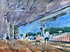 FRENCH IMPRESSIONIST SIGNED WATERCOLOUR - FIGURES AT THE PIER