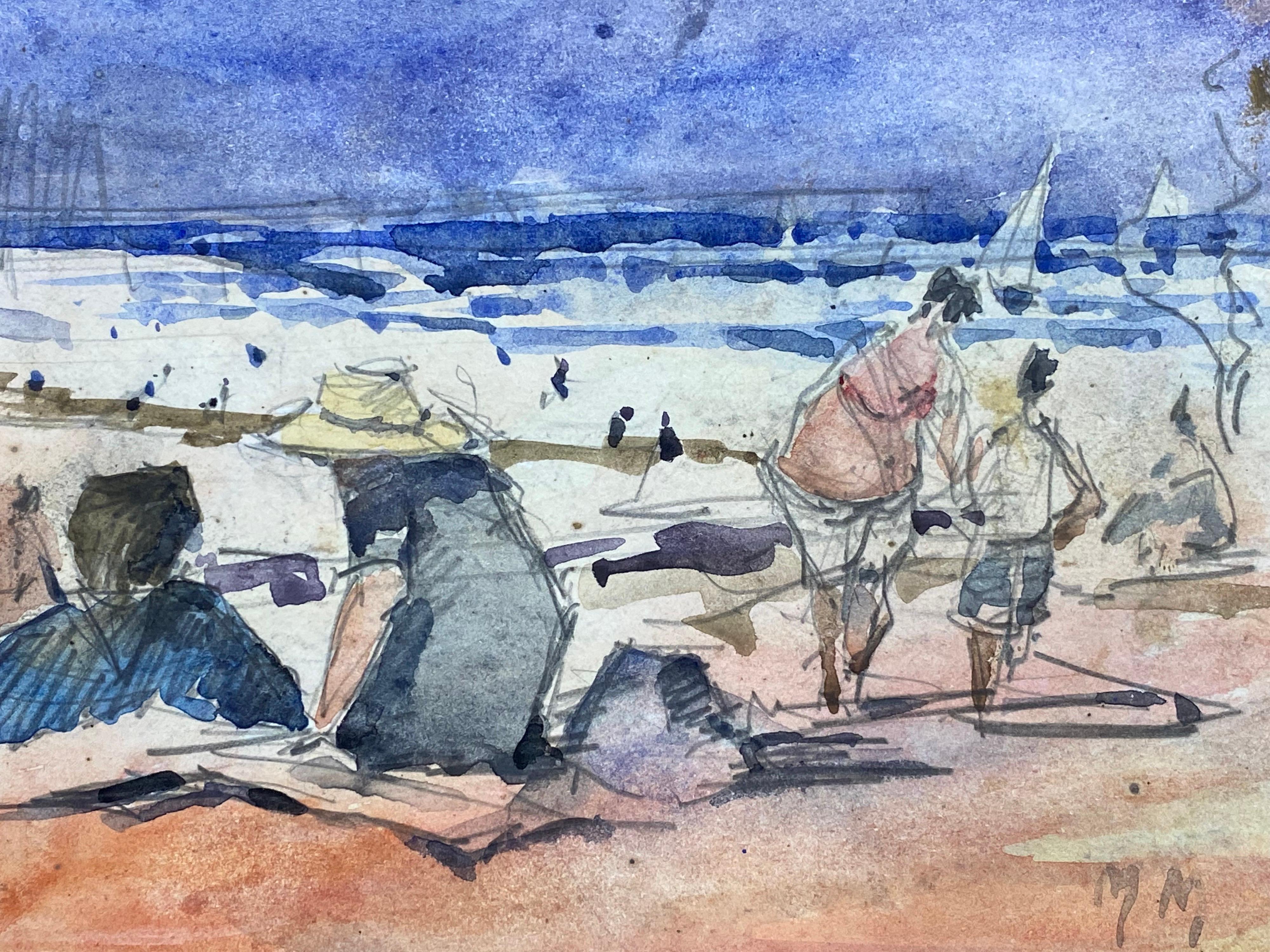 FRENCH IMPRESSIONIST SIGNED WATERCOLOUR - FIGURES ON BRIGHT BEACH - Painting by Maurice Mazeilie