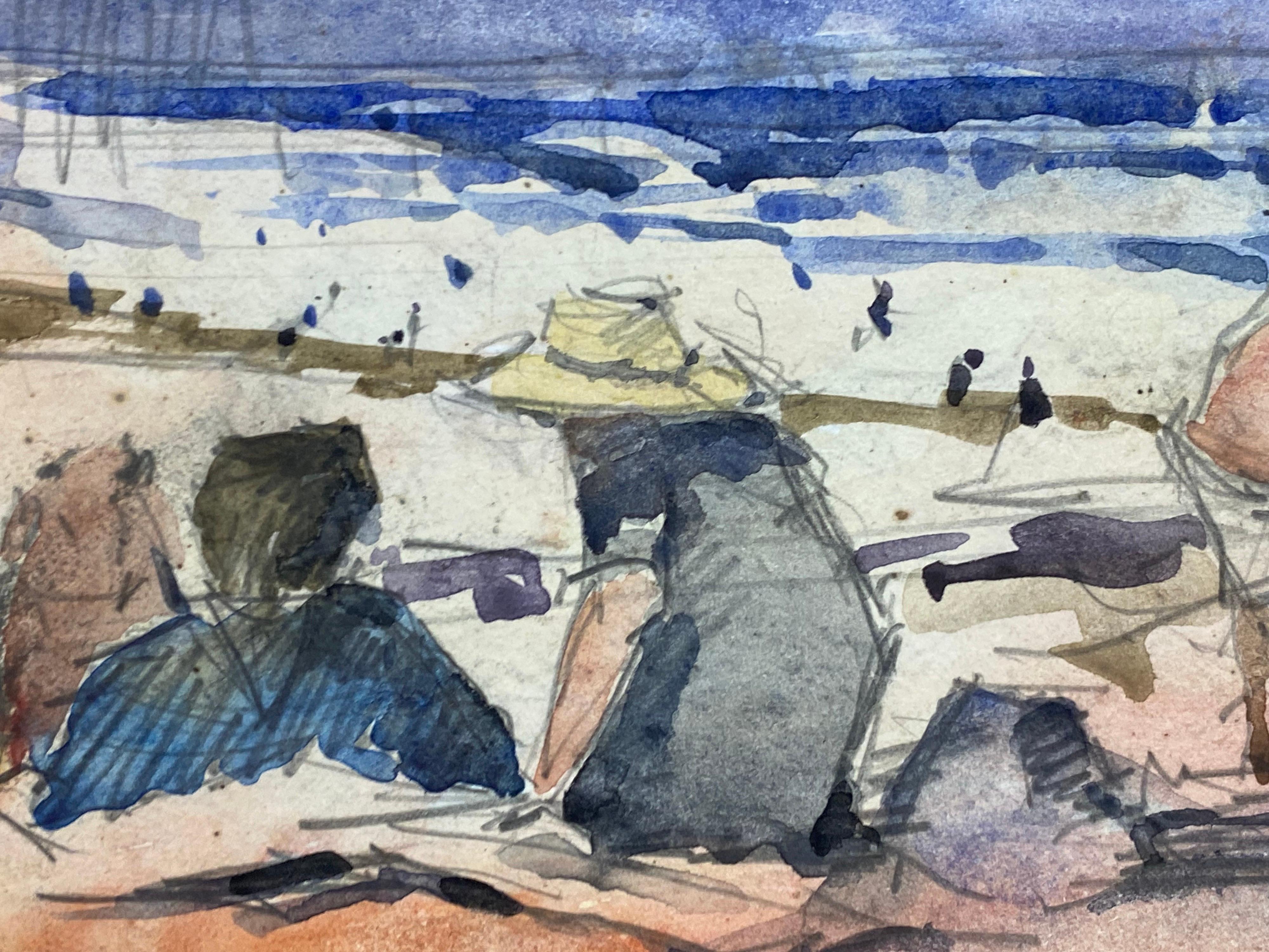 FRENCH IMPRESSIONIST SIGNED WATERCOLOUR - FIGURES ON BRIGHT BEACH - Gray Figurative Painting by Maurice Mazeilie