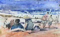 Vintage FRENCH IMPRESSIONIST SIGNED WATERCOLOUR - FIGURES ON BRIGHT BEACH