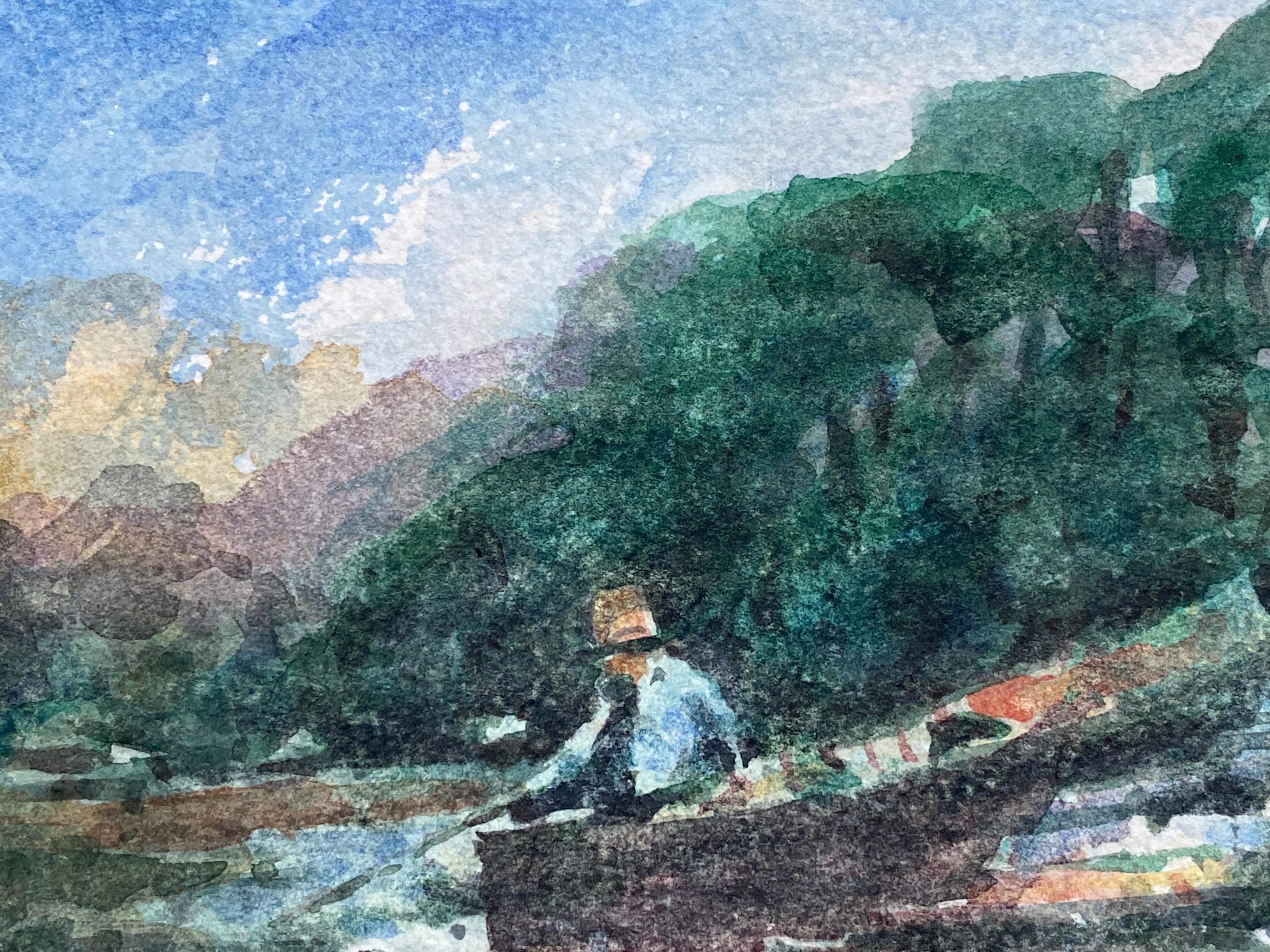 FRENCH IMPRESSIONIST SIGNED WATERCOLOUR - FISHERMAN IN TRANQUIL LAKE - Painting by Maurice Mazeilie