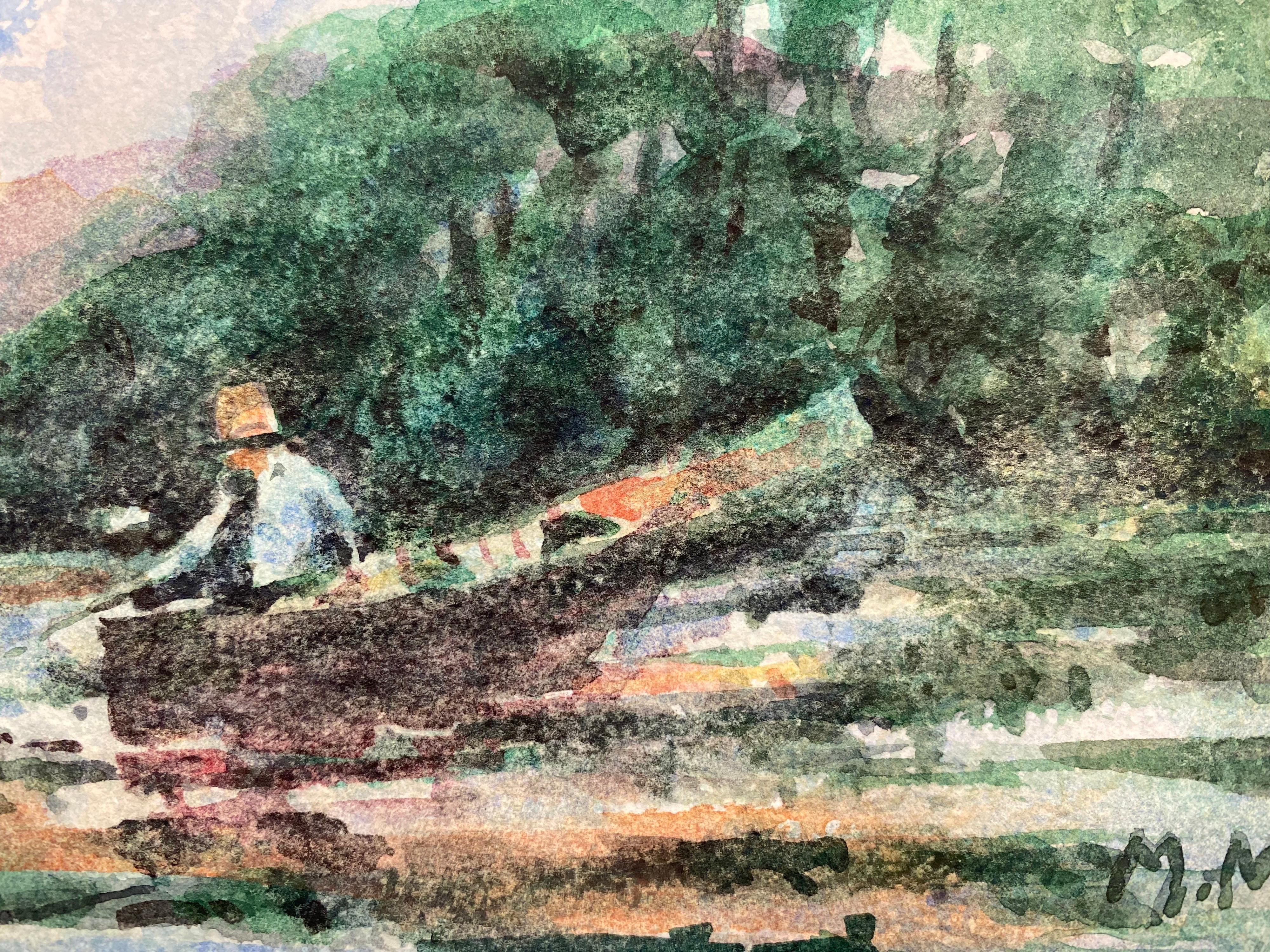 FRENCH IMPRESSIONIST SIGNED WATERCOLOUR - FISHERMAN IN TRANQUIL LAKE - Impressionist Painting by Maurice Mazeilie