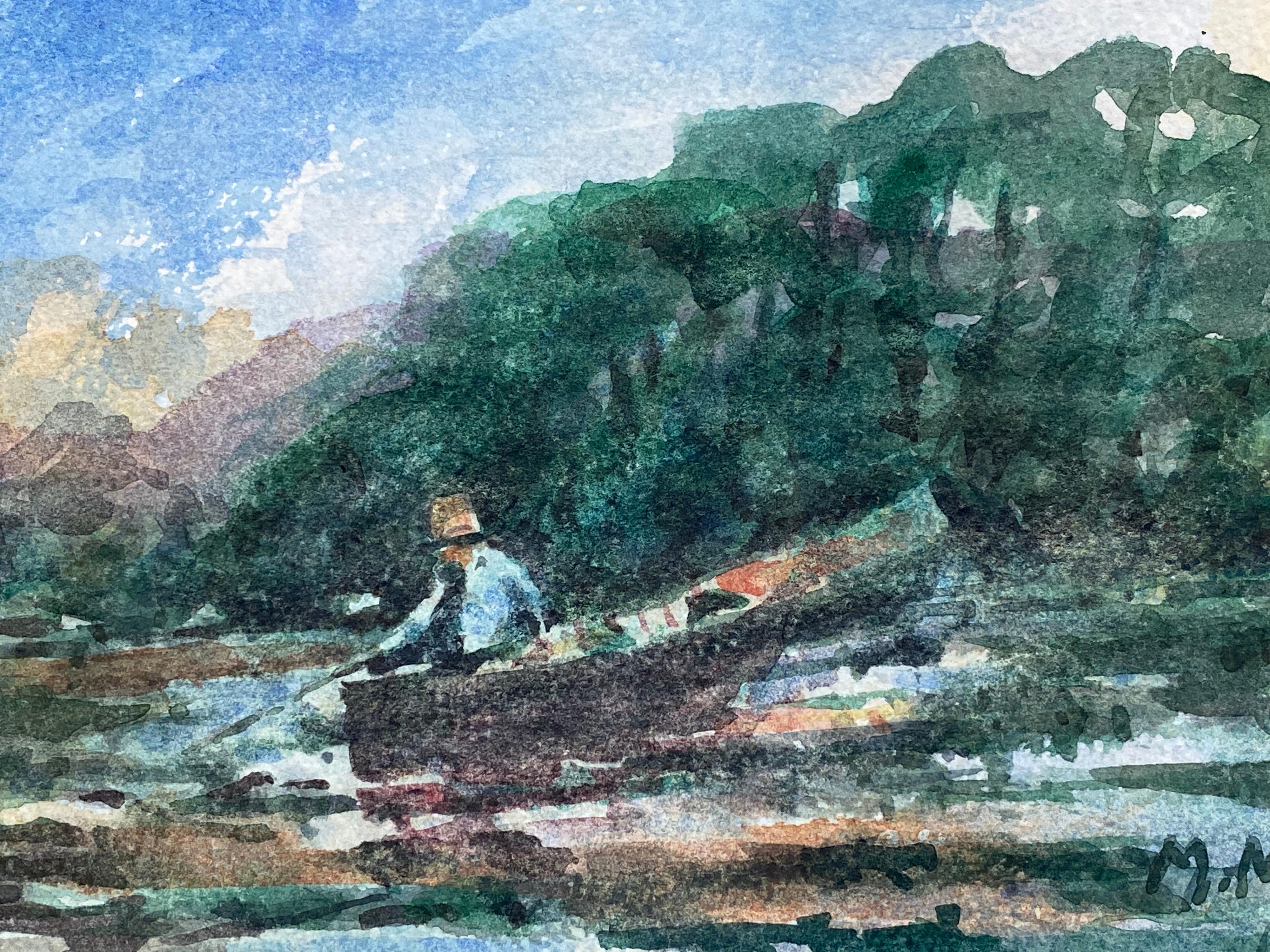 Maurice Mazeilie Landscape Painting - FRENCH IMPRESSIONIST SIGNED WATERCOLOUR - FISHERMAN IN TRANQUIL LAKE