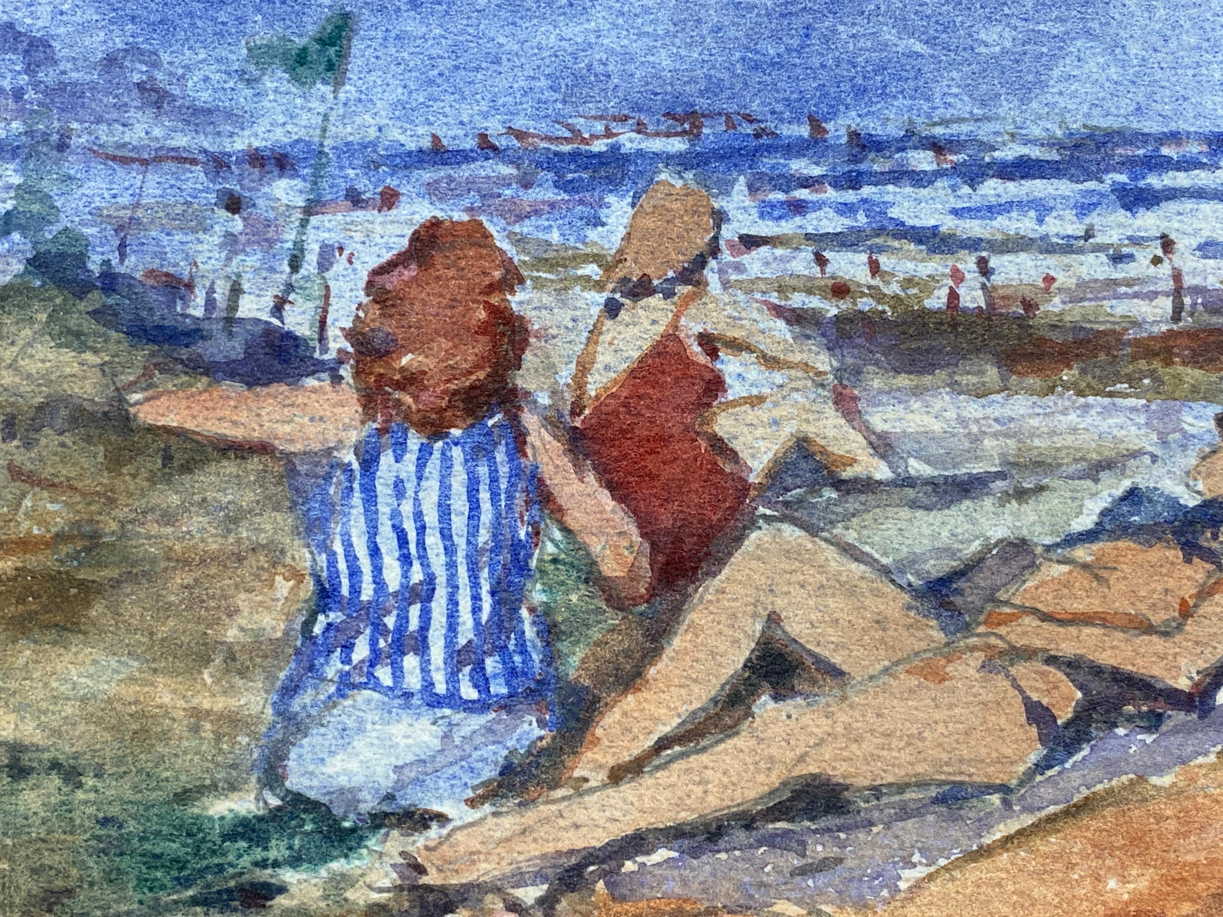 FRENCH IMPRESSIONIST SIGNED WATERCOLOUR - LADIES DAY AT THE BEACH - Painting by Maurice Mazeilie