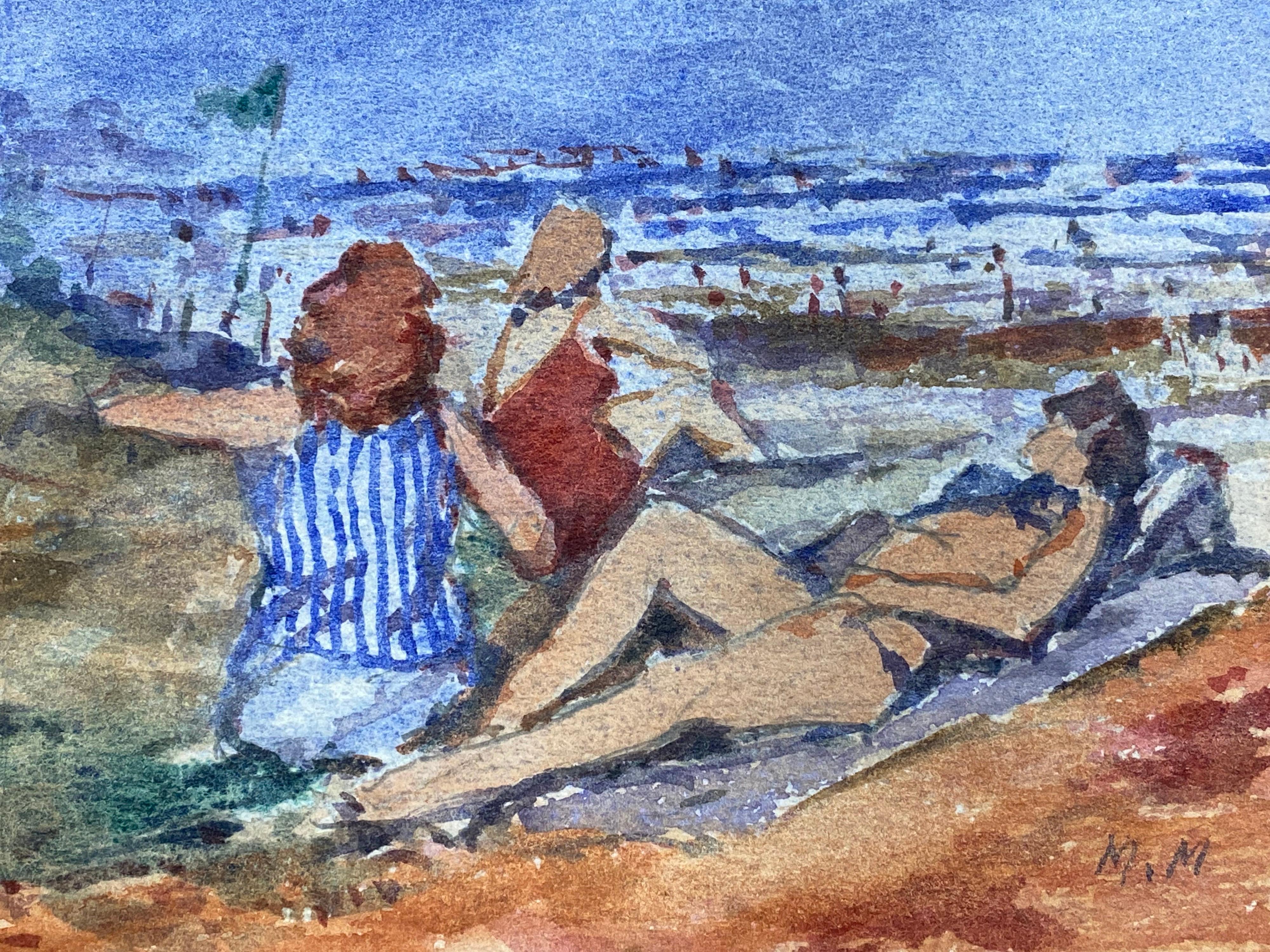Maurice Mazeilie Landscape Painting - FRENCH IMPRESSIONIST SIGNED WATERCOLOUR - LADIES DAY AT THE BEACH