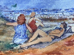 FRENCH IMPRESSIONIST SIGNED WATERCOLOUR - LADIES DAY AT THE BEACH