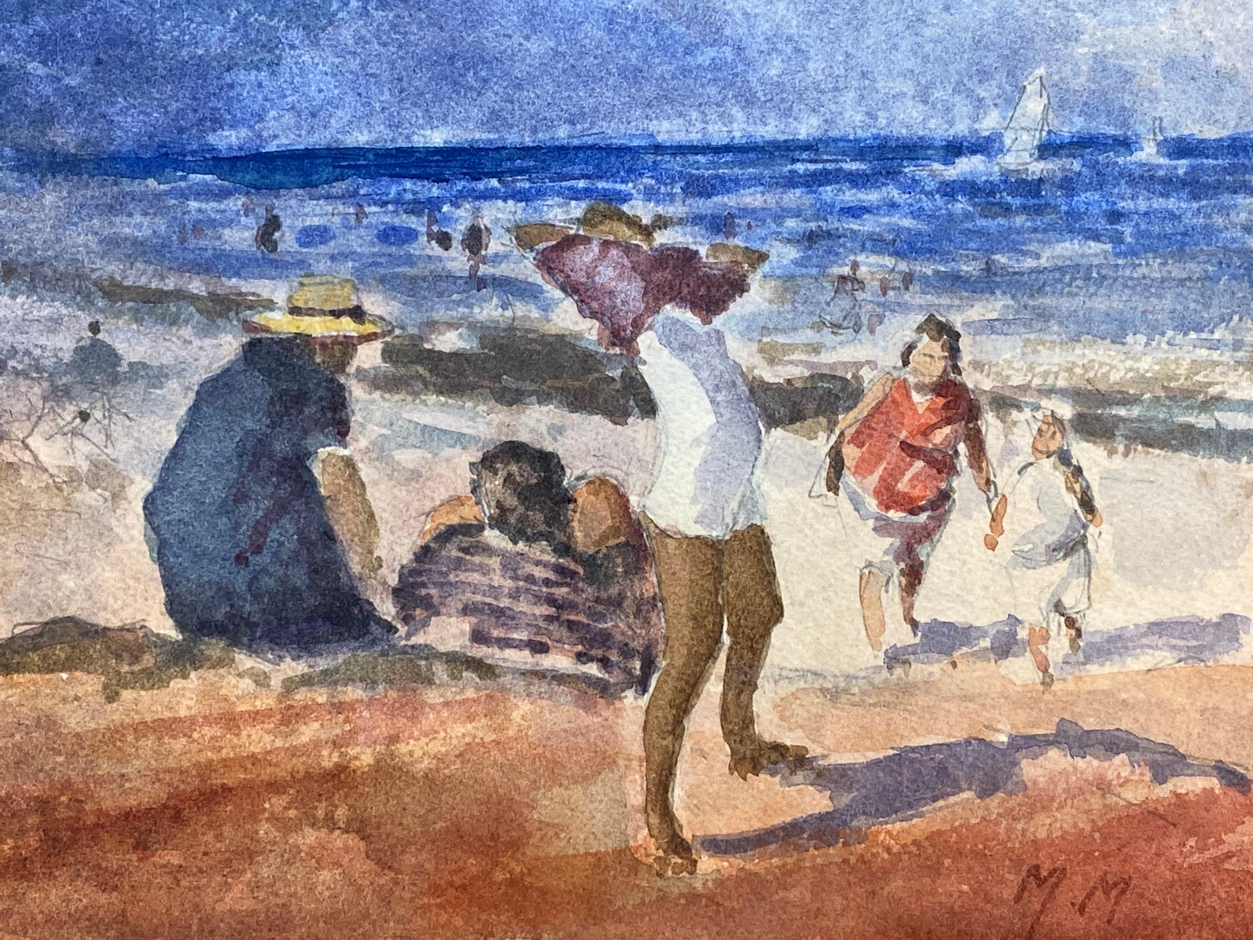 FRENCH IMPRESSIONIST SIGNED WATERCOLOUR LANDSCAPE- FUN DAY AT THE BEACH  - Painting by Maurice Mazeilie