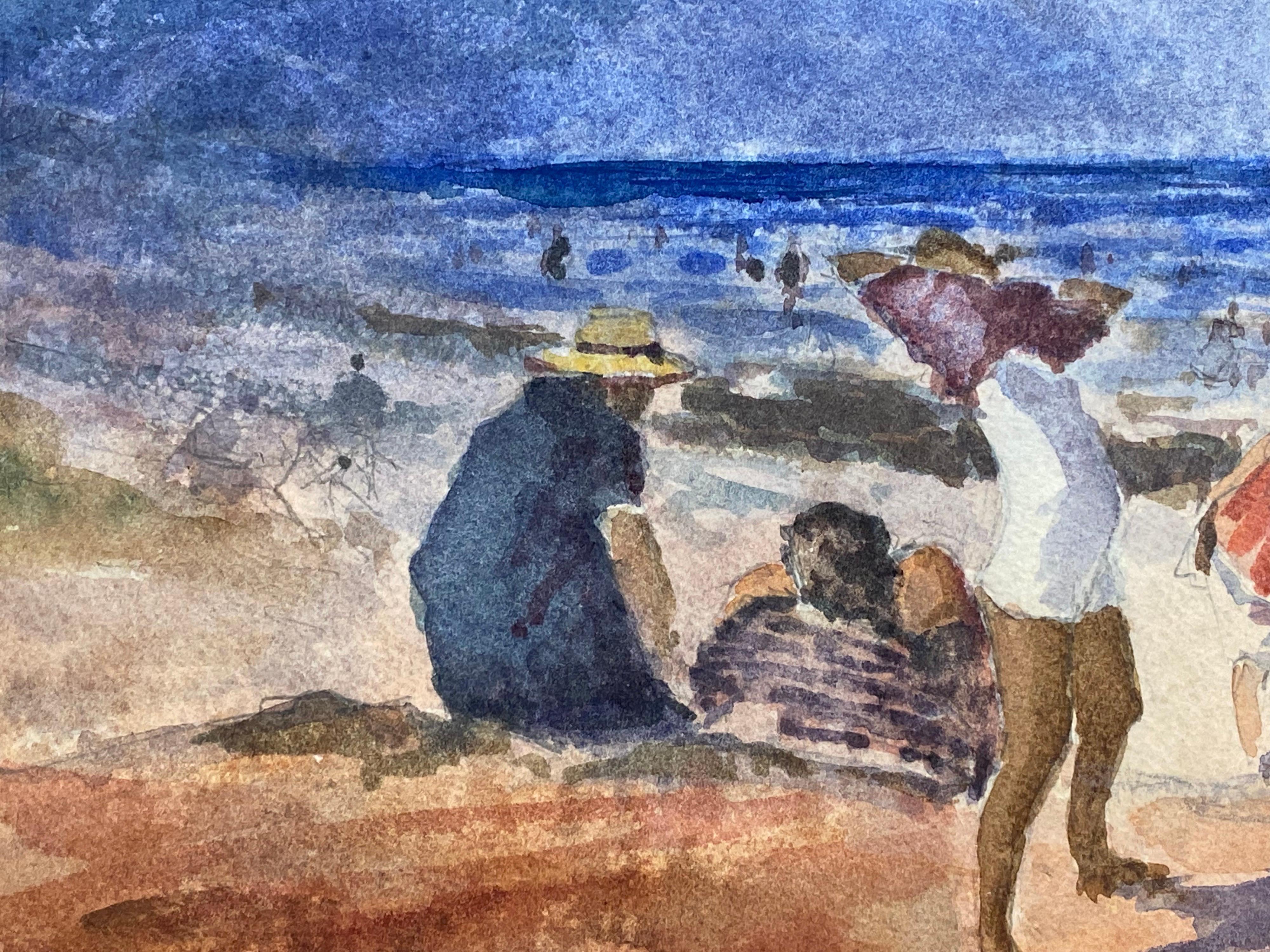 FRENCH IMPRESSIONIST SIGNED WATERCOLOUR LANDSCAPE- FUN DAY AT THE BEACH  - Impressionist Painting by Maurice Mazeilie