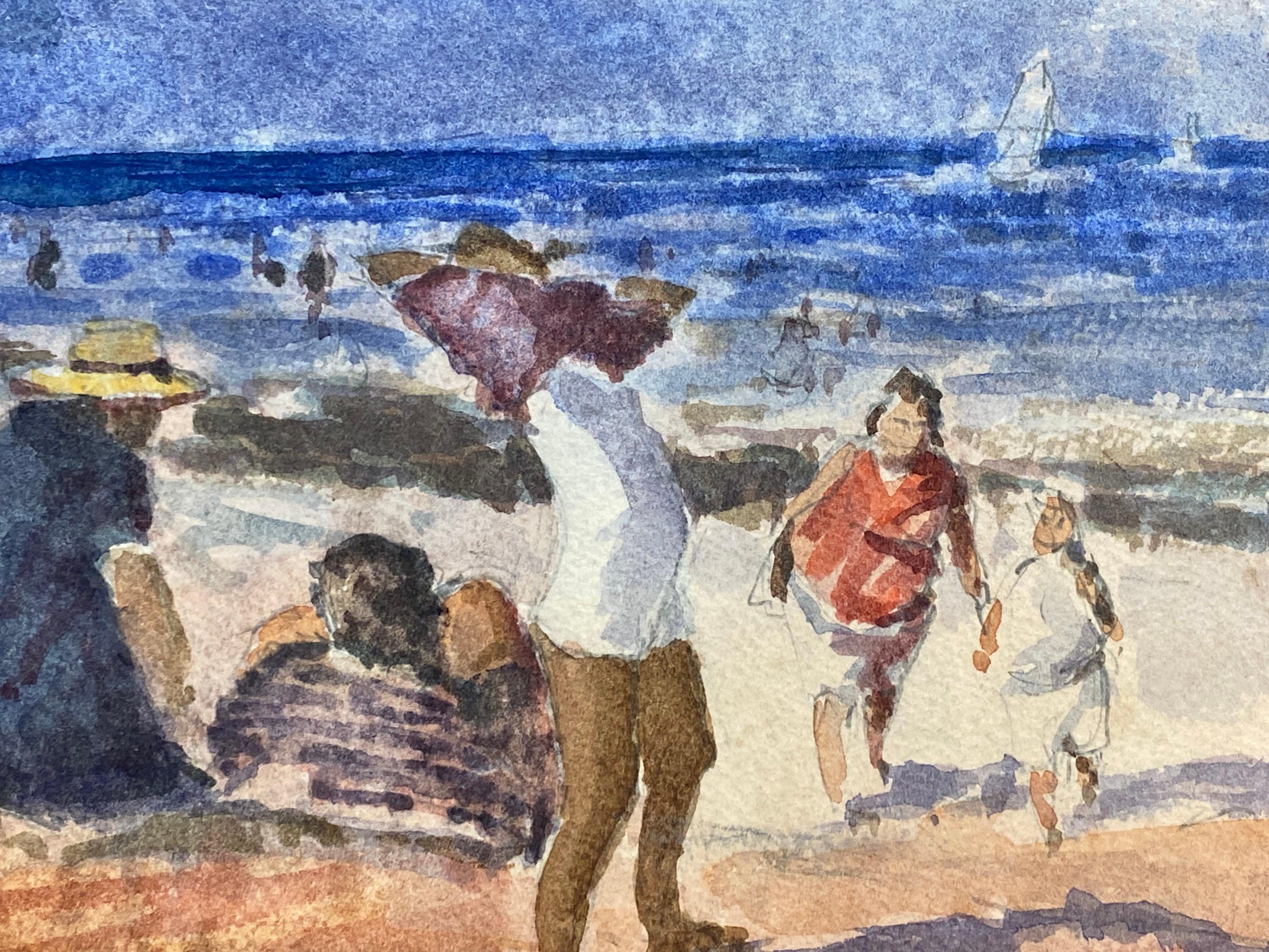 FRENCH IMPRESSIONIST SIGNED WATERCOLOUR LANDSCAPE- FUN DAY AT THE BEACH  - Gray Landscape Painting by Maurice Mazeilie