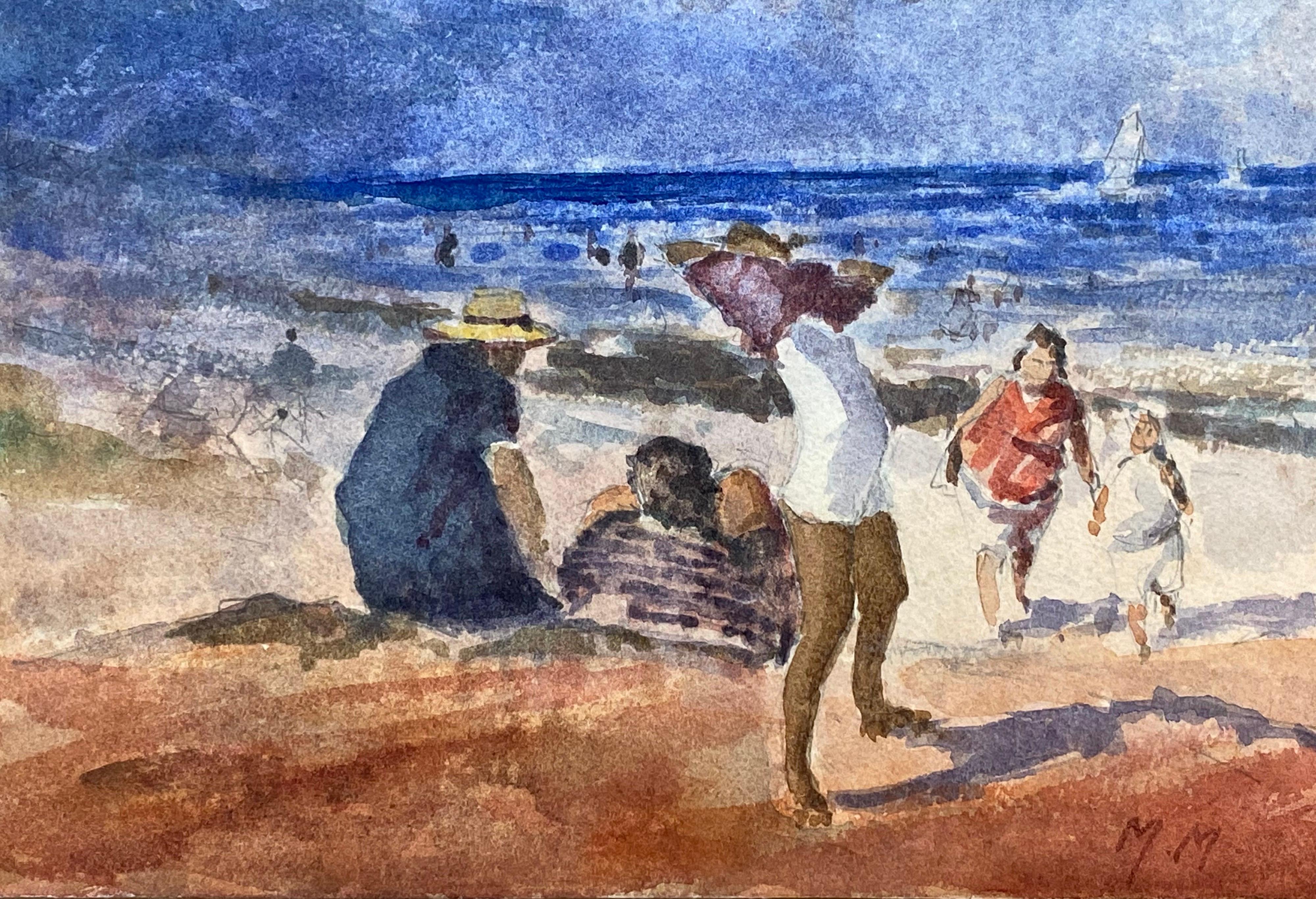 Maurice Mazeilie Landscape Painting - FRENCH IMPRESSIONIST SIGNED WATERCOLOUR LANDSCAPE- FUN DAY AT THE BEACH 