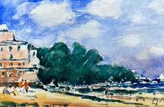 FRENCH IMPRESSIONIST WATERCOLOUR - BRIGHT BLUE SUMMERS DAY OVER BEACH