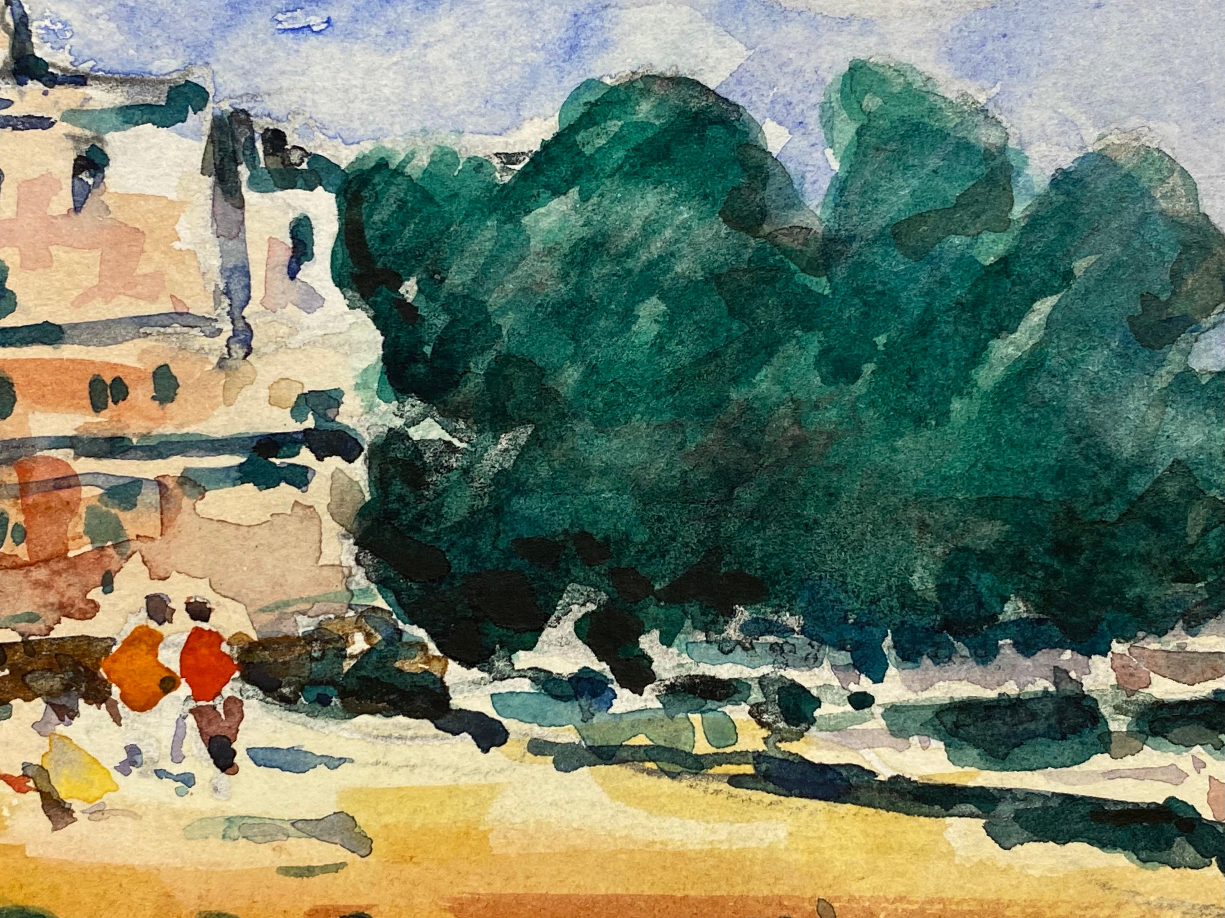 ACQUERELLO IMPRESSIONISTA FRANCESE - GIORNATA ESTIVA BLU BRILLANTE SULLA SPIAGGIA in vendita 1