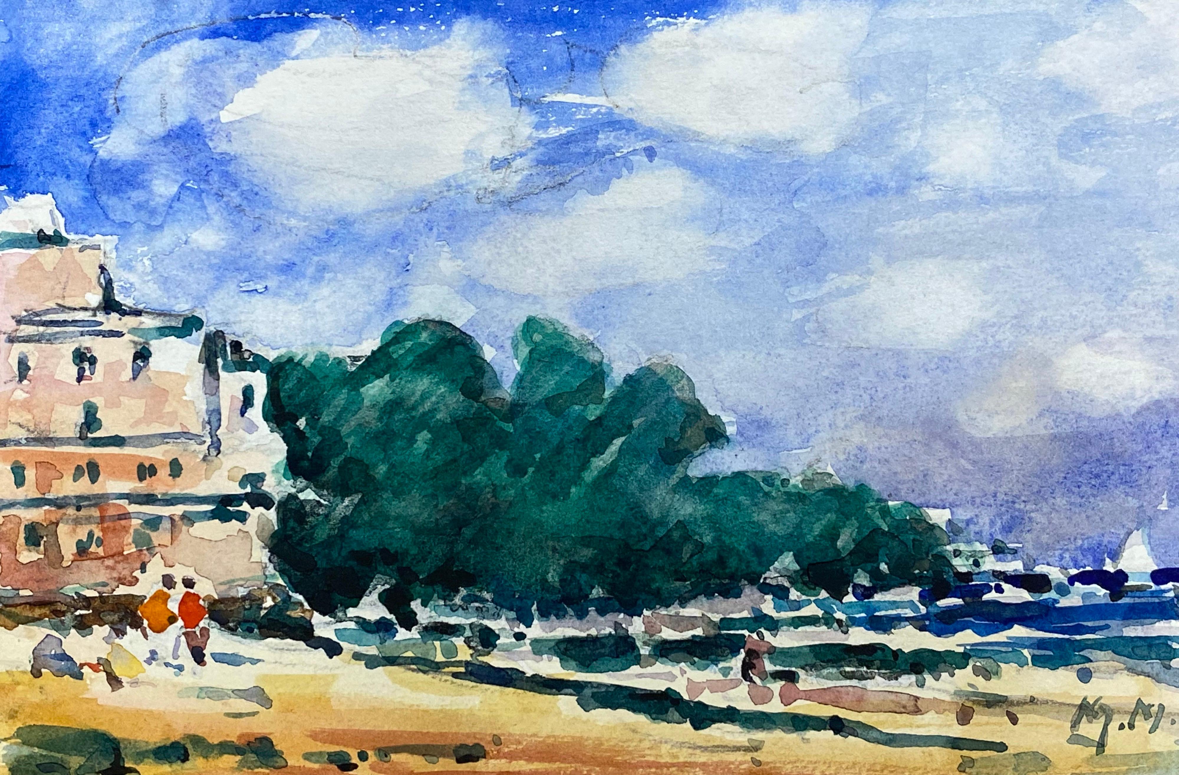 Maurice Mazeilie Landscape Painting - FRENCH IMPRESSIONIST WATERCOLOUR - BRIGHT BLUE SUMMERS DAY OVER BEACH