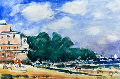 FRENCH IMPRESSIONIST WATERCOLOUR - BRIGHT BLUE SUMMERS DAY OVER BEACH
