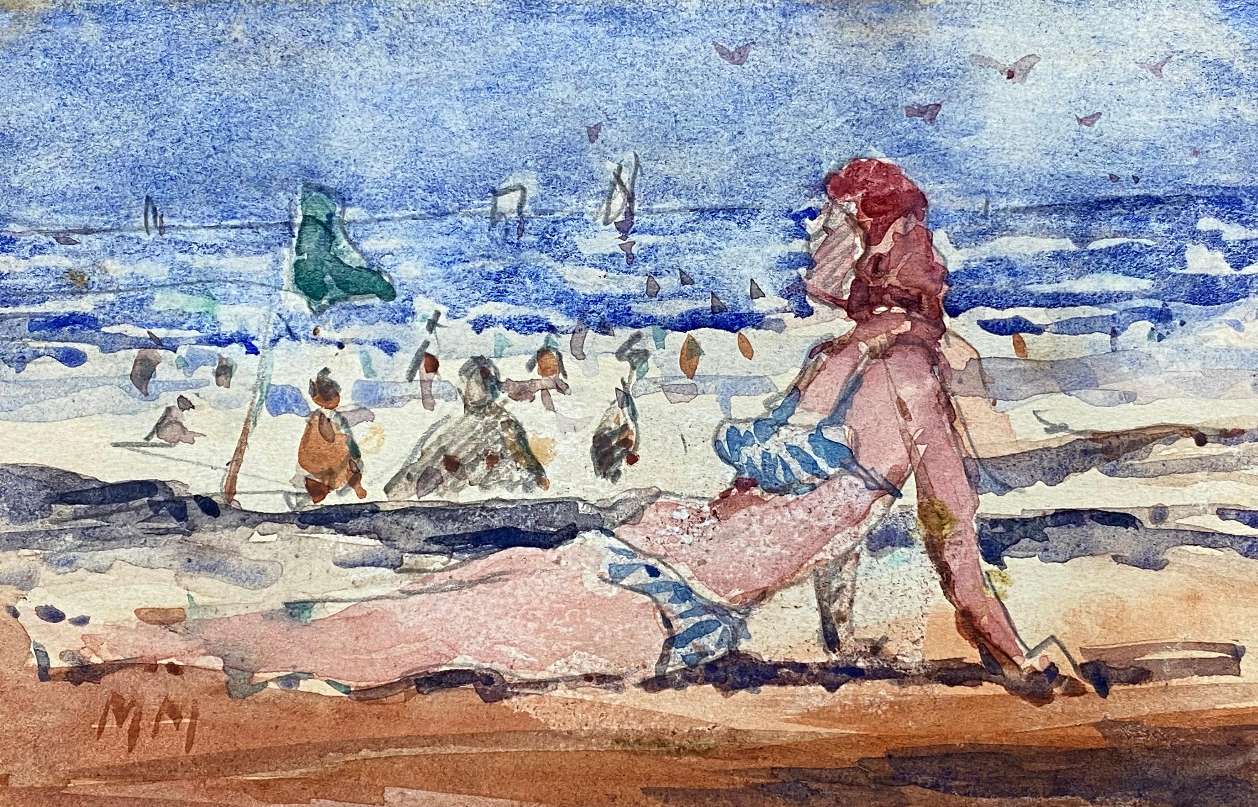 Maurice Mazeilie Landscape Painting - FRENCH IMPRESSIONIST WATERCOLOUR - LADY IN BIKINI SUNBATHING 