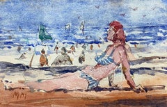 Vintage FRENCH IMPRESSIONIST WATERCOLOUR - LADY IN BIKINI SUNBATHING