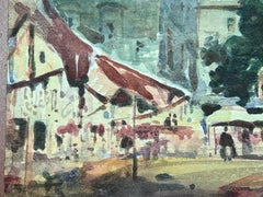 French Impressionist Watercolour Landscape Busy Town Market