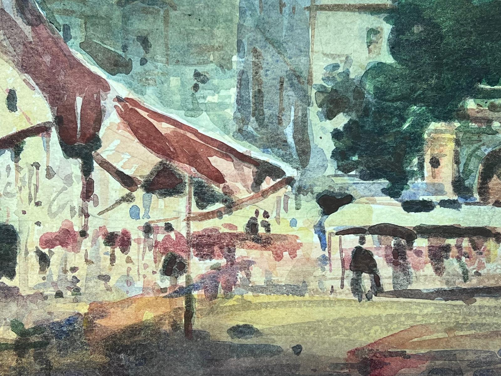 Acuarela Impresionista Francesa Paisaje Mercado Urbano Ocupado - Landscape Painting Gris de Maurice Mazeilie