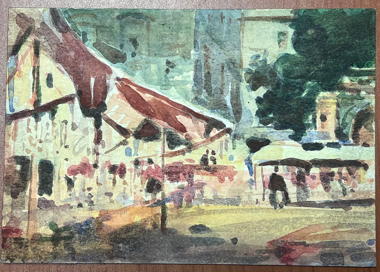 French Impressionist Watercolour Landscape Busy Town Market For Sale 1