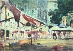 Vintage French Impressionist Watercolour Landscape Busy Town Market