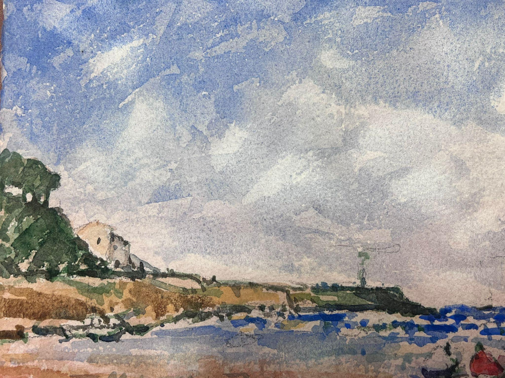Paisaje Impresionista Francés Acuarela Figuras En La Playa - Landscape Painting Gris de Maurice Mazeilie