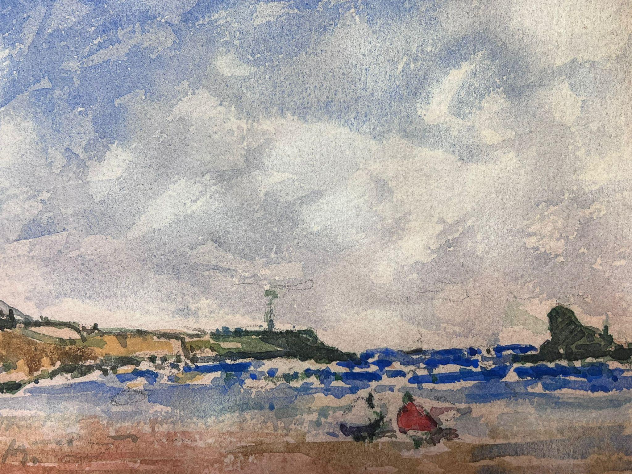 French Impressionist Watercolour Landscape Figures At The Beach  For Sale 1