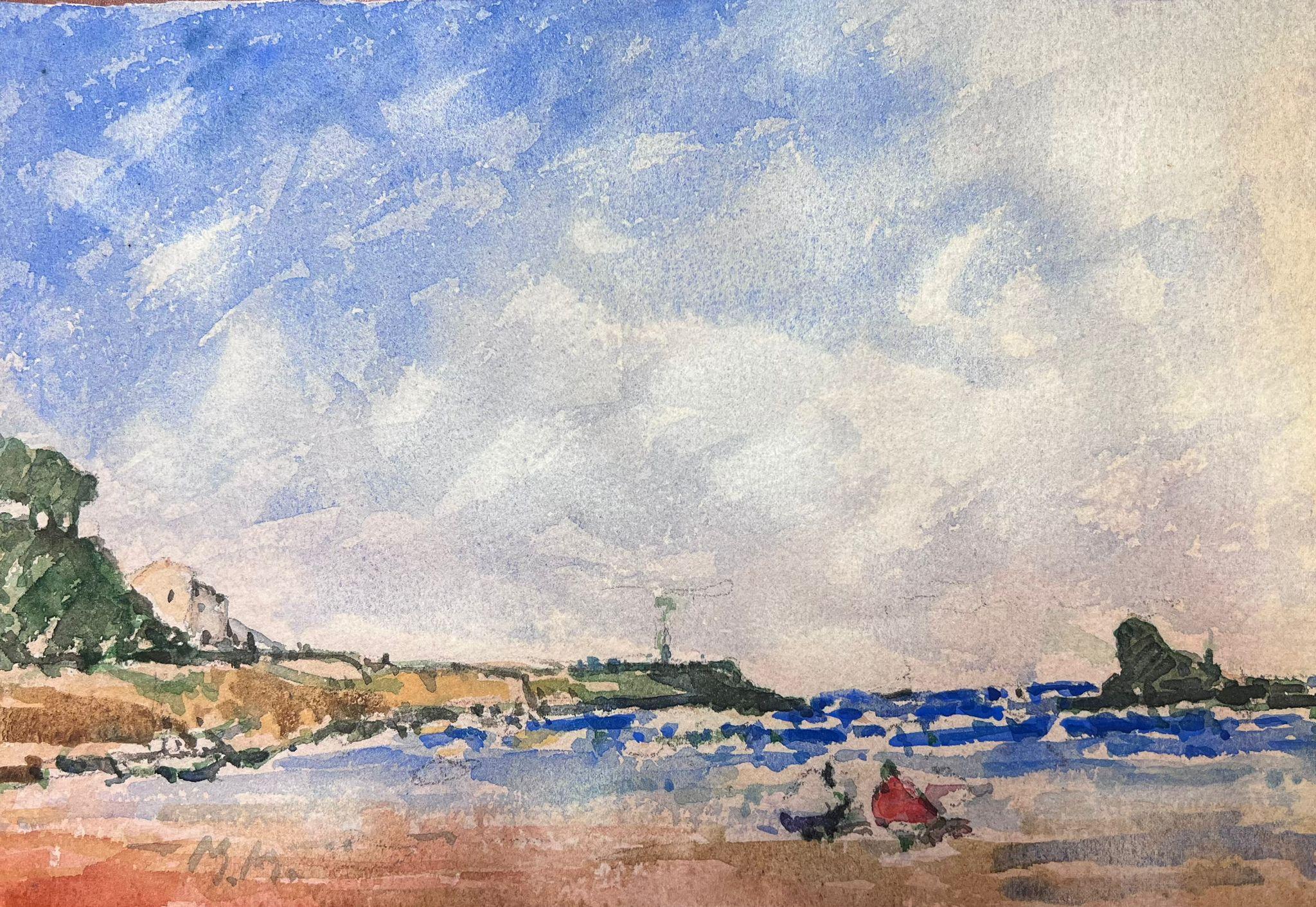 Maurice Mazeilie Landscape Painting - French Impressionist Watercolour Landscape Figures At The Beach 
