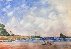 Vintage French Impressionist Watercolour Landscape Figures At The Beach 