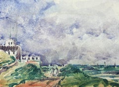 Aquarelle impressionniste française Paysage vert vagues ondulantes 